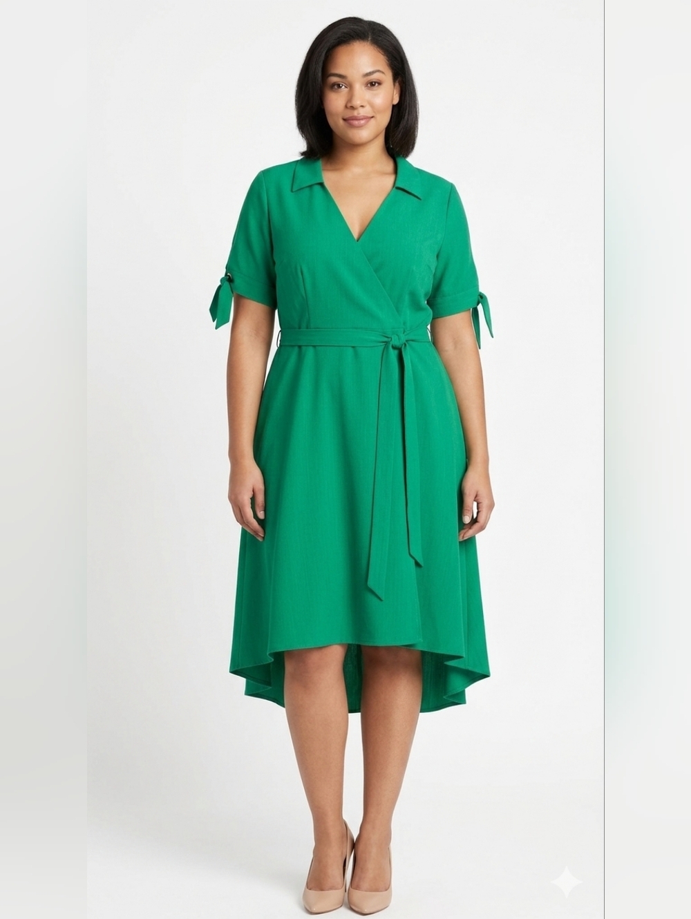 Green Short-Sleeve Wrap Dress